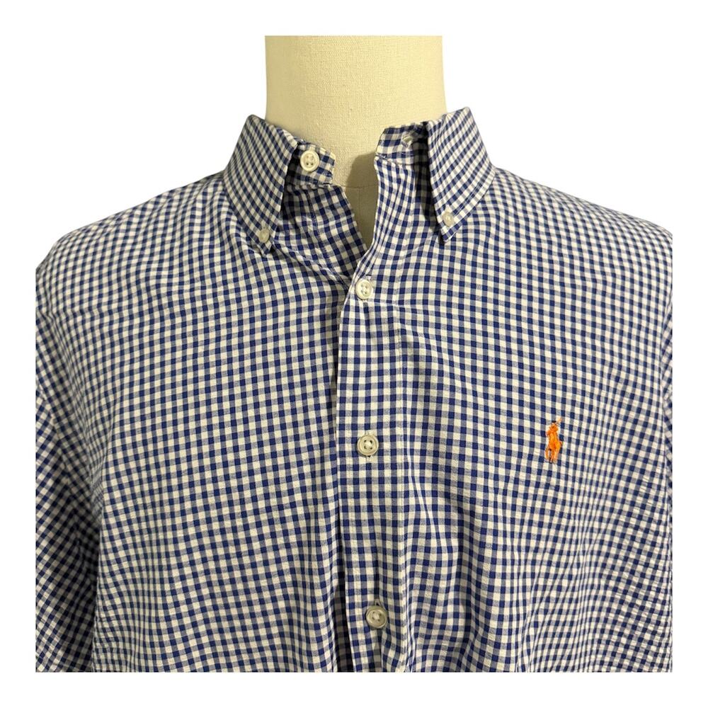 Ralph Lauren Blue White Gingham Plaid Short Sleeve Shirt Sz XXL Preppy Classic